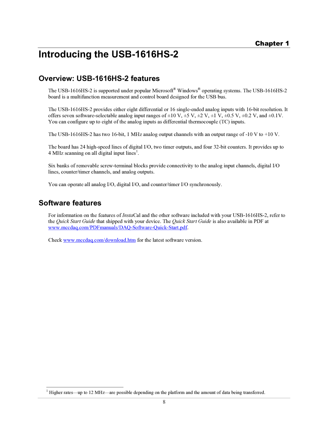 Measurement Specialties manual Introducing the USB-1616HS-2, Overview USB-1616HS-2 features, Software features, Chapter 