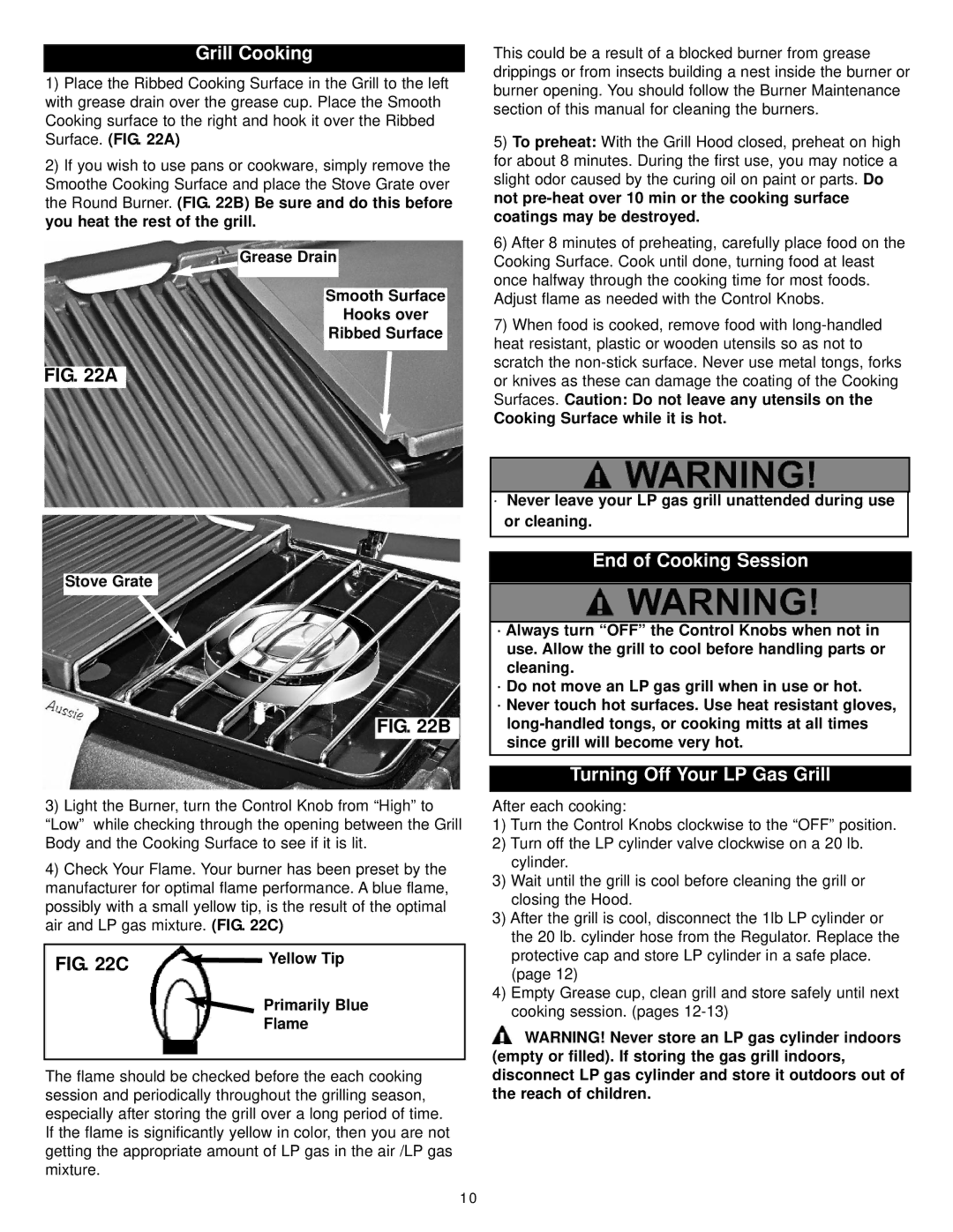 Meco 2200 manual Grill Cooking, End of Cooking Session, Turning Off Your LP Gas Grill, Yellow Tip, Primarily Blue Flame 