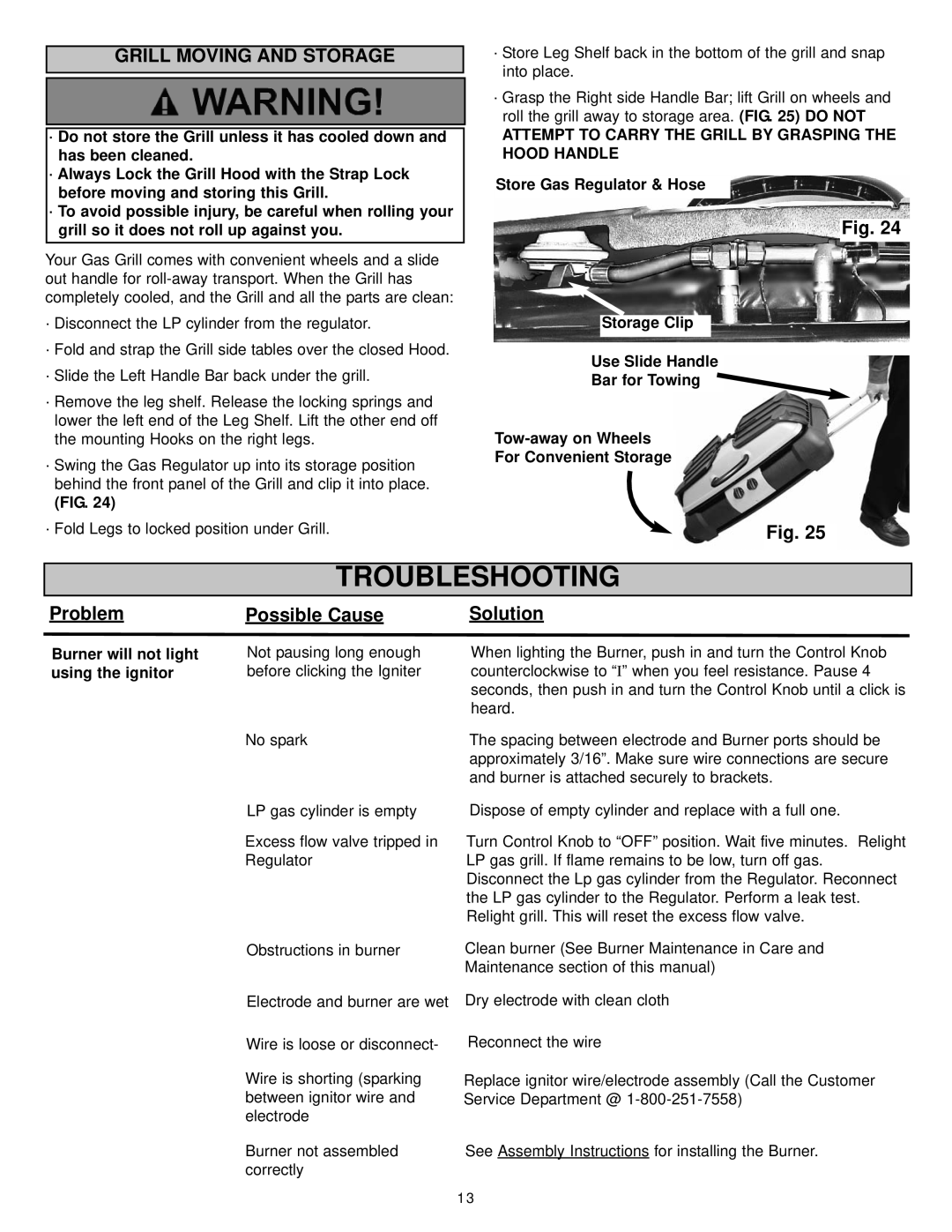 Meco 2200 manual Troubleshooting, Grill Moving and Storage, Burner will not light using the ignitor 