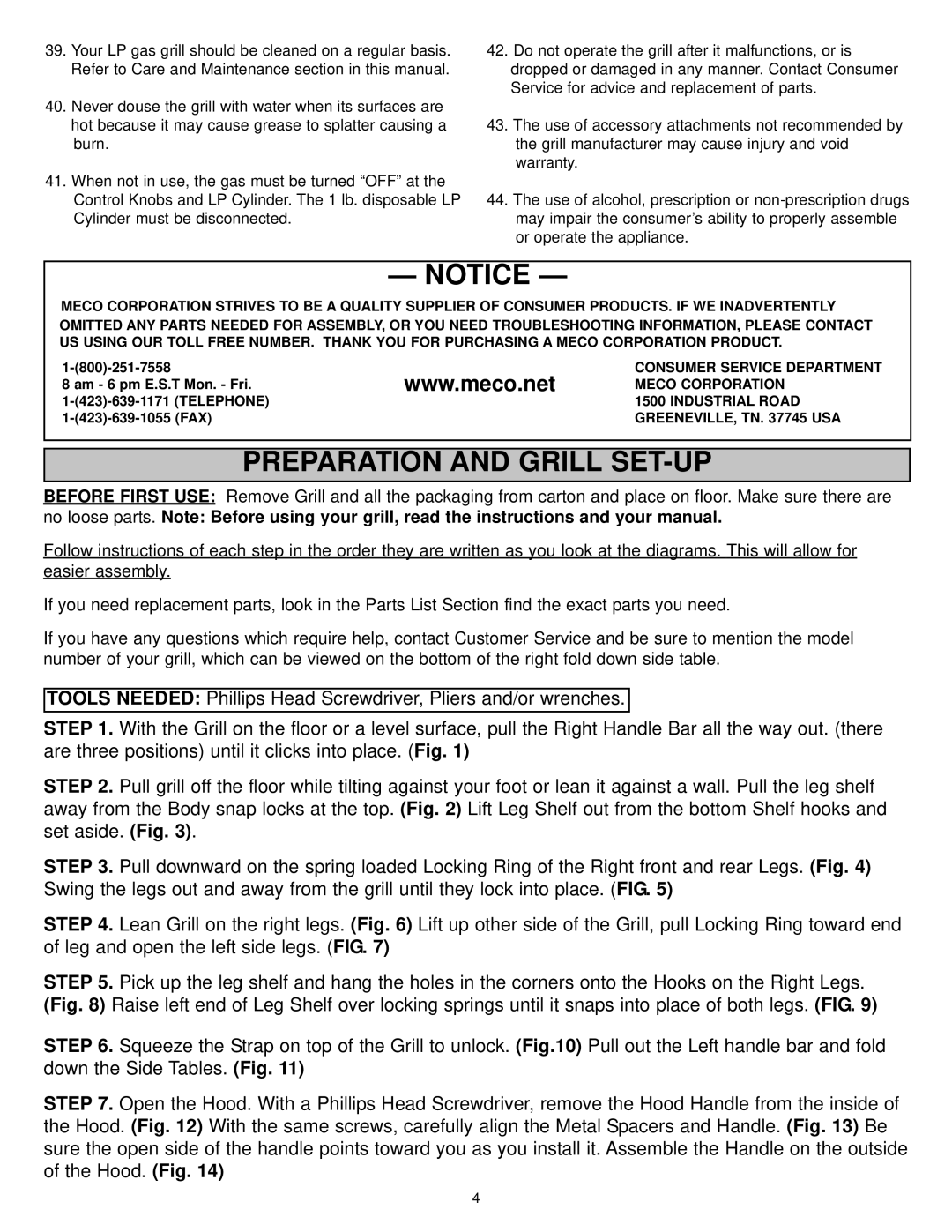 Meco 2200 manual Preparation and Grill SET-UP 