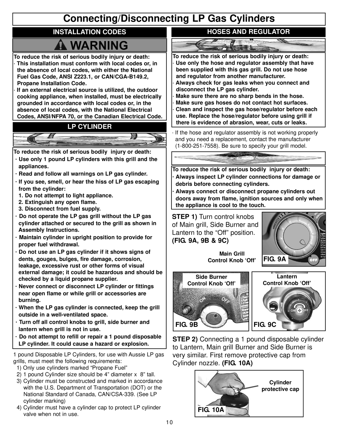 Meco 2400, 2420, 2440, 2430, 2410 owner manual Installation Codes Hoses and Regulator, LP Cylinder 