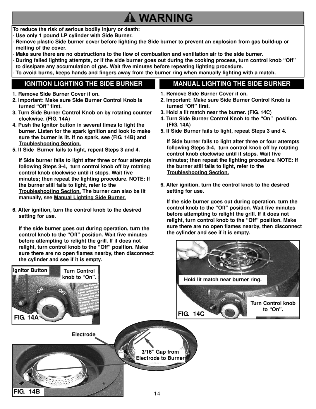 Meco 2410, 2400, 2420, 2440, 2430 owner manual Ignition Lighting the Side Burner, Manual Lighting the Side Burner 