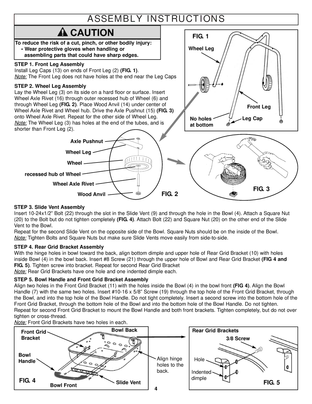 Meco 3340 owner manual Assembly Instructions, Wheel Leg Assembly, Rear Grid Bracket Assembly 