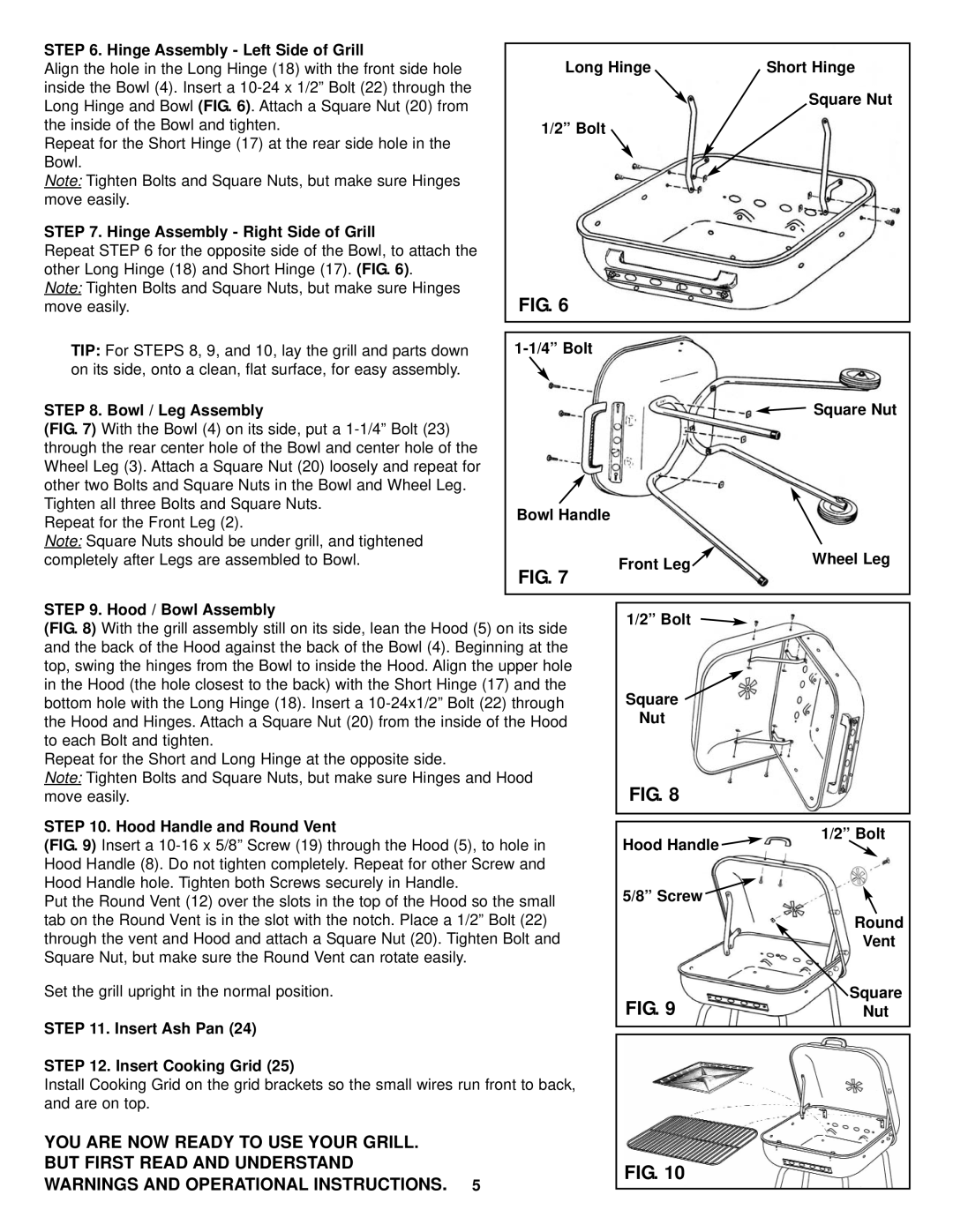 Meco 3340 Hinge Assembly Left Side of Grill, Hinge Assembly Right Side of Grill, Bowl / Leg Assembly, Square, Nut 