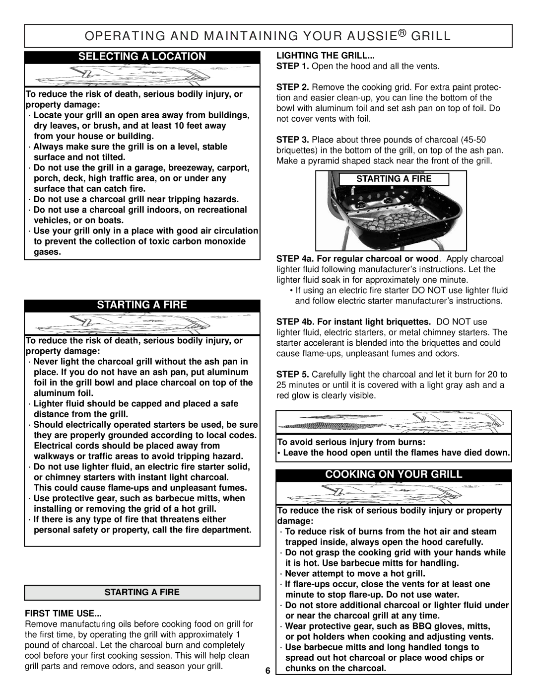 Meco 3340 owner manual Selecting a Location, Starting a Fire, Cooking on Your Grill 