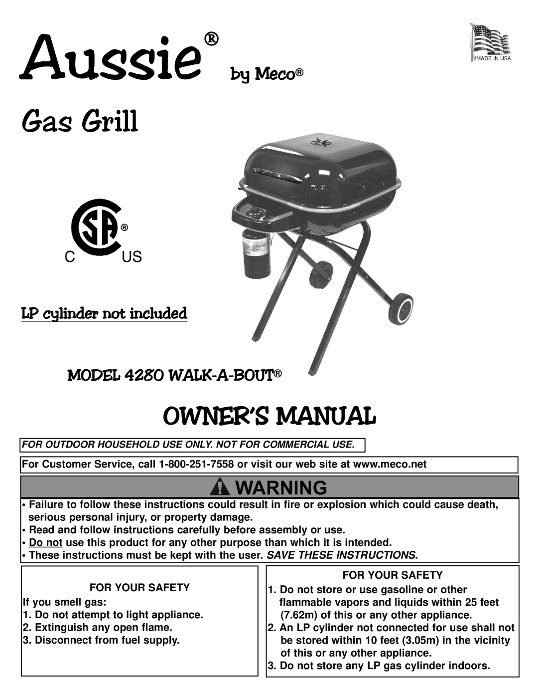 Meco 4280 Walk-a-bout manual Gas Grill, Model 4280 WALK-A-BOUT 