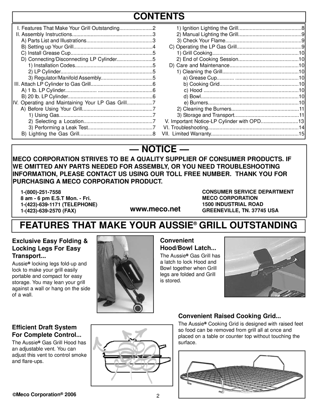 Meco 4280 Walk-a-bout manual Contents, Features That Make Your Aussie Grill Outstanding 