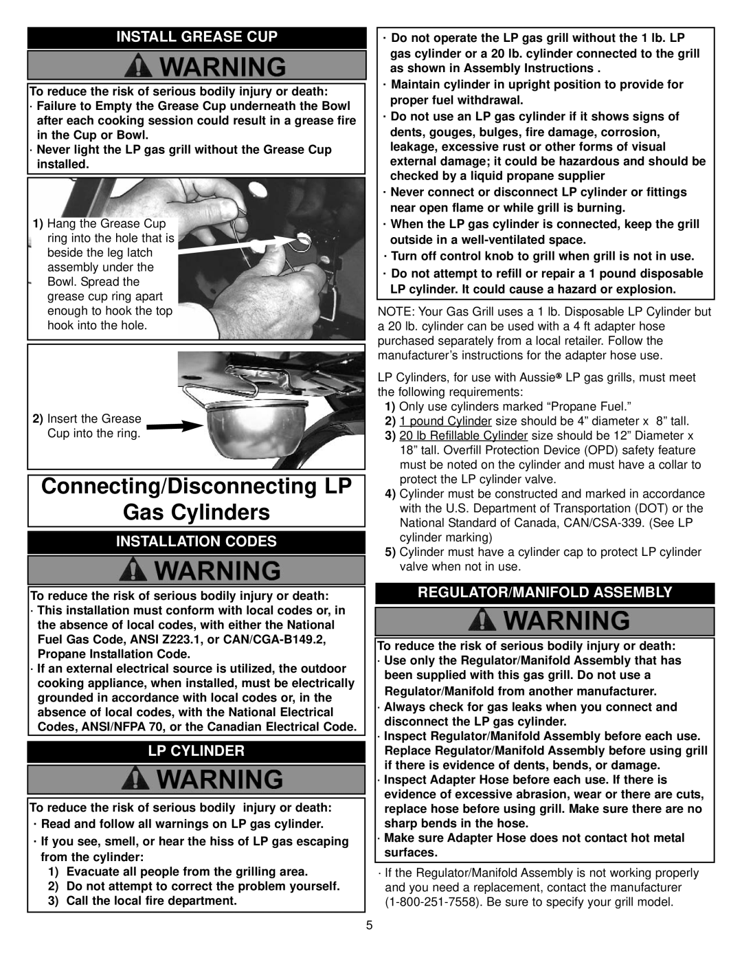 Meco 4280 Walk-a-bout manual Install Grease CUP, Installation Codes, LP Cylinder, REGULATOR/MANIFOLD Assembly 