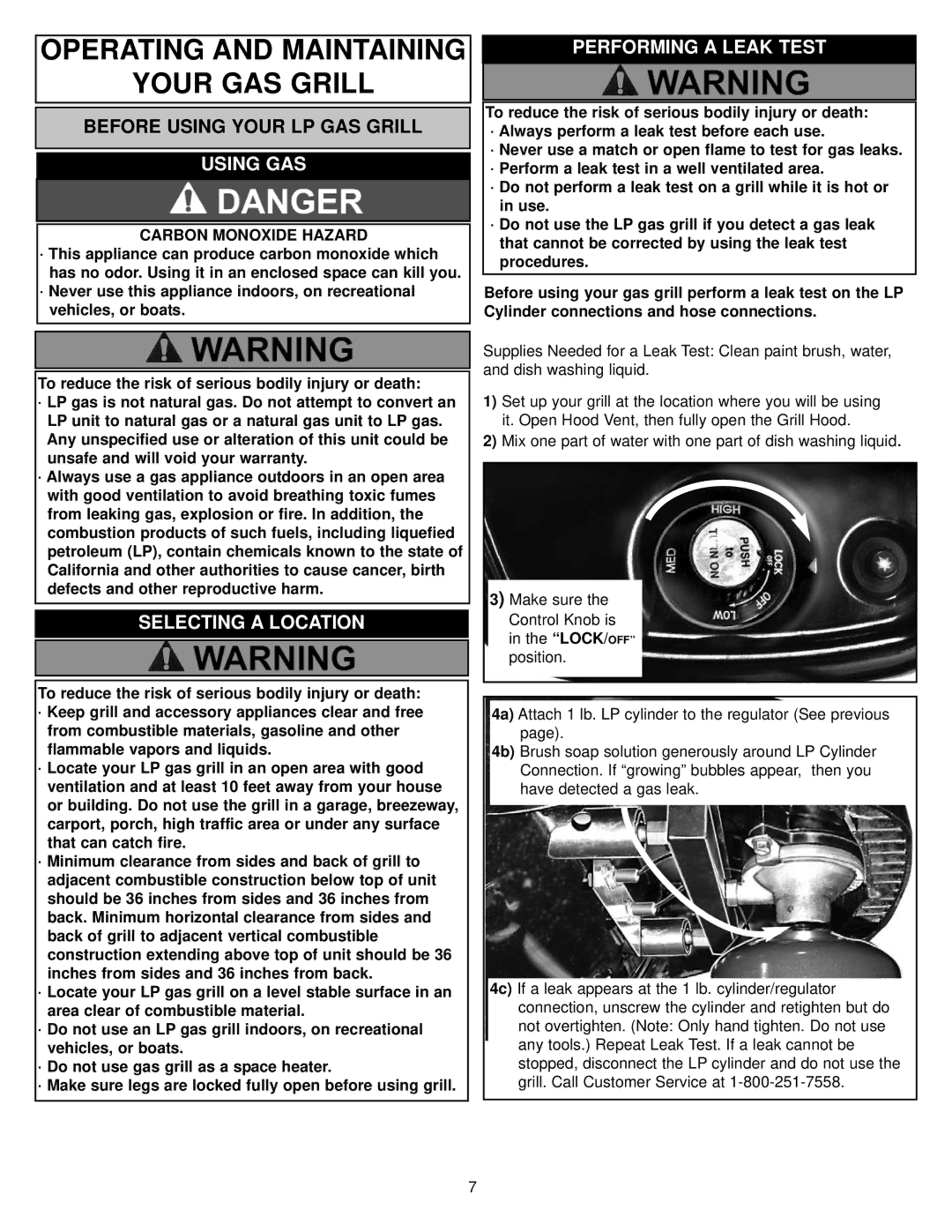 Meco 4280 Walk-a-bout Operating and Maintaining Your GAS Grill, Using GAS, Selecting a Location Performing a Leak Test 