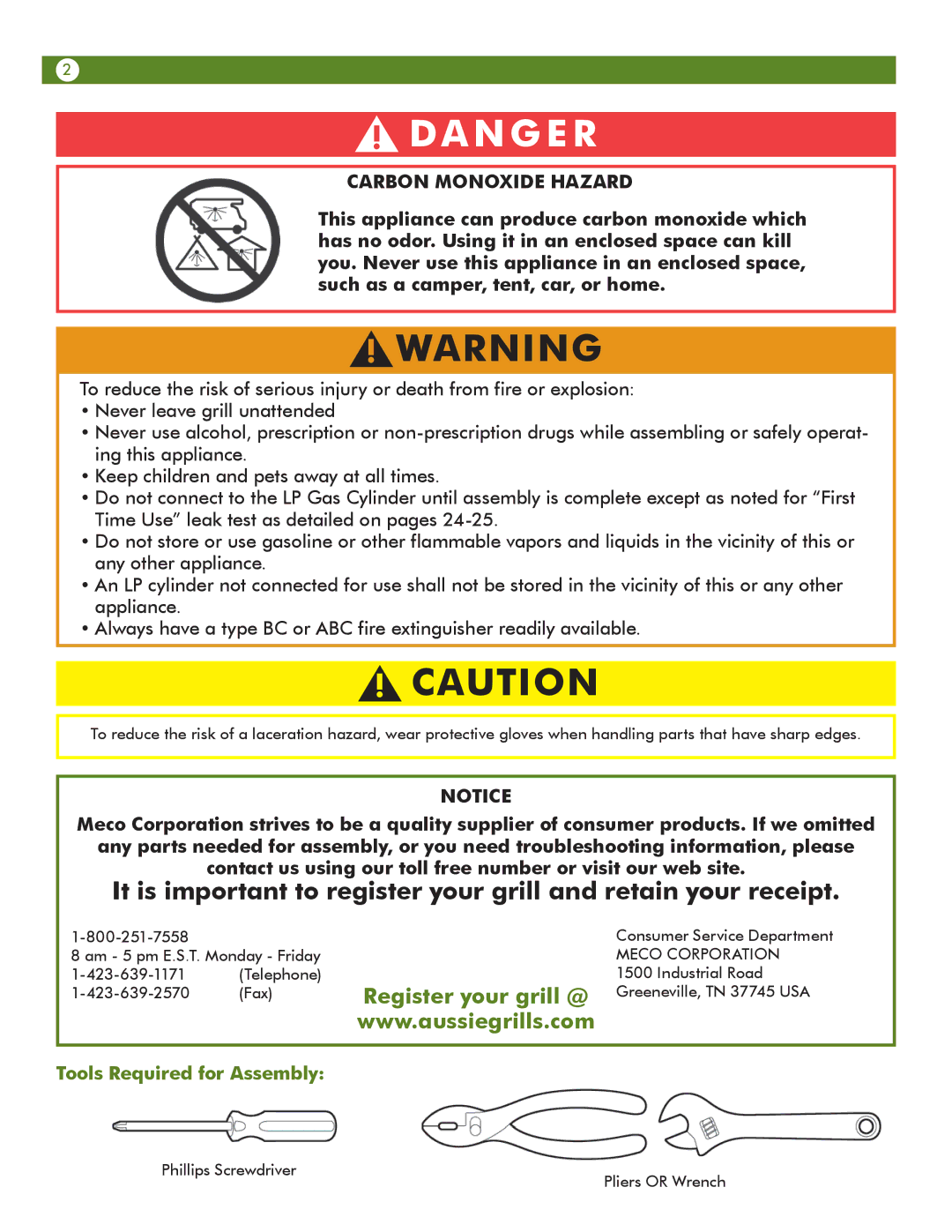 Meco 6512S0DT91, 6212S00T91 manual Carbon Monoxide Hazard, Tools Required for Assembly 