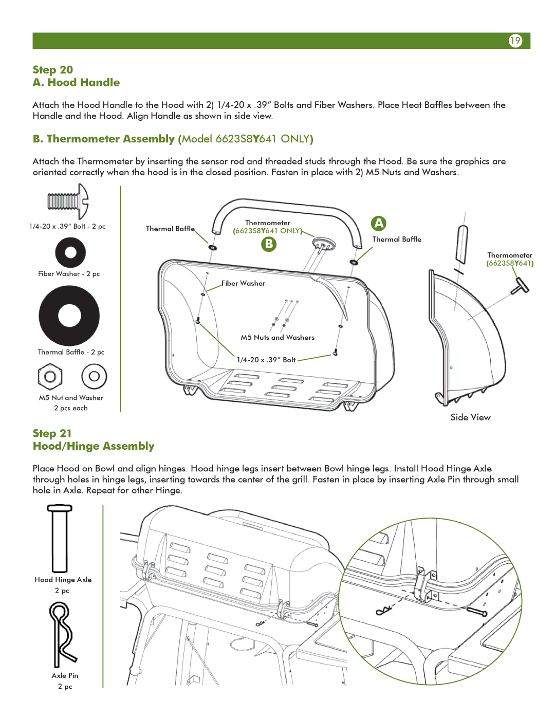 Meco 6623S8E641 manual Step Hood Handle, Thermometer Assembly Model 6623S8Y641 only, Step Hood/Hinge Assembly 