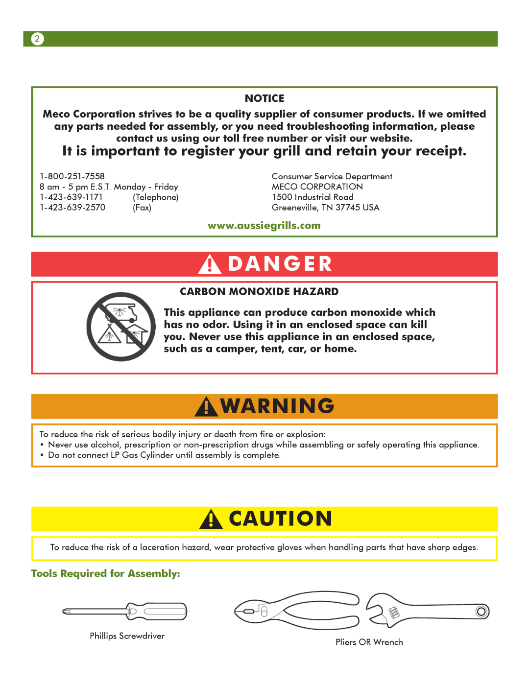 Meco 6623S8E641 manual Carbon Monoxide Hazard, Tools Required for Assembly 