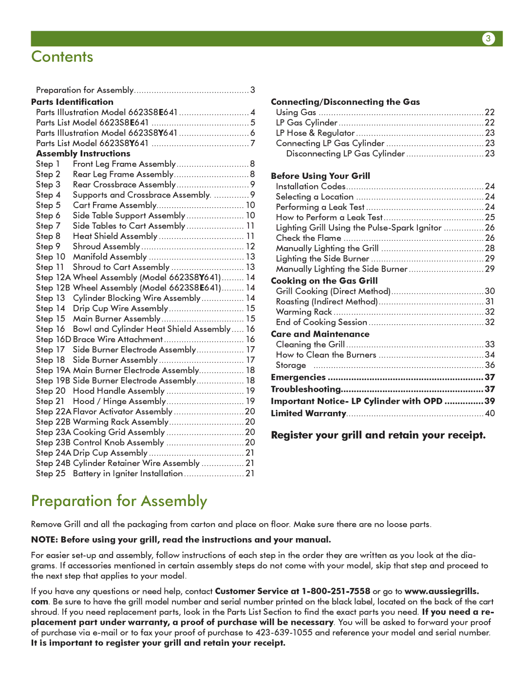 Meco 6623S8E641 manual Contents, Preparation for Assembly 