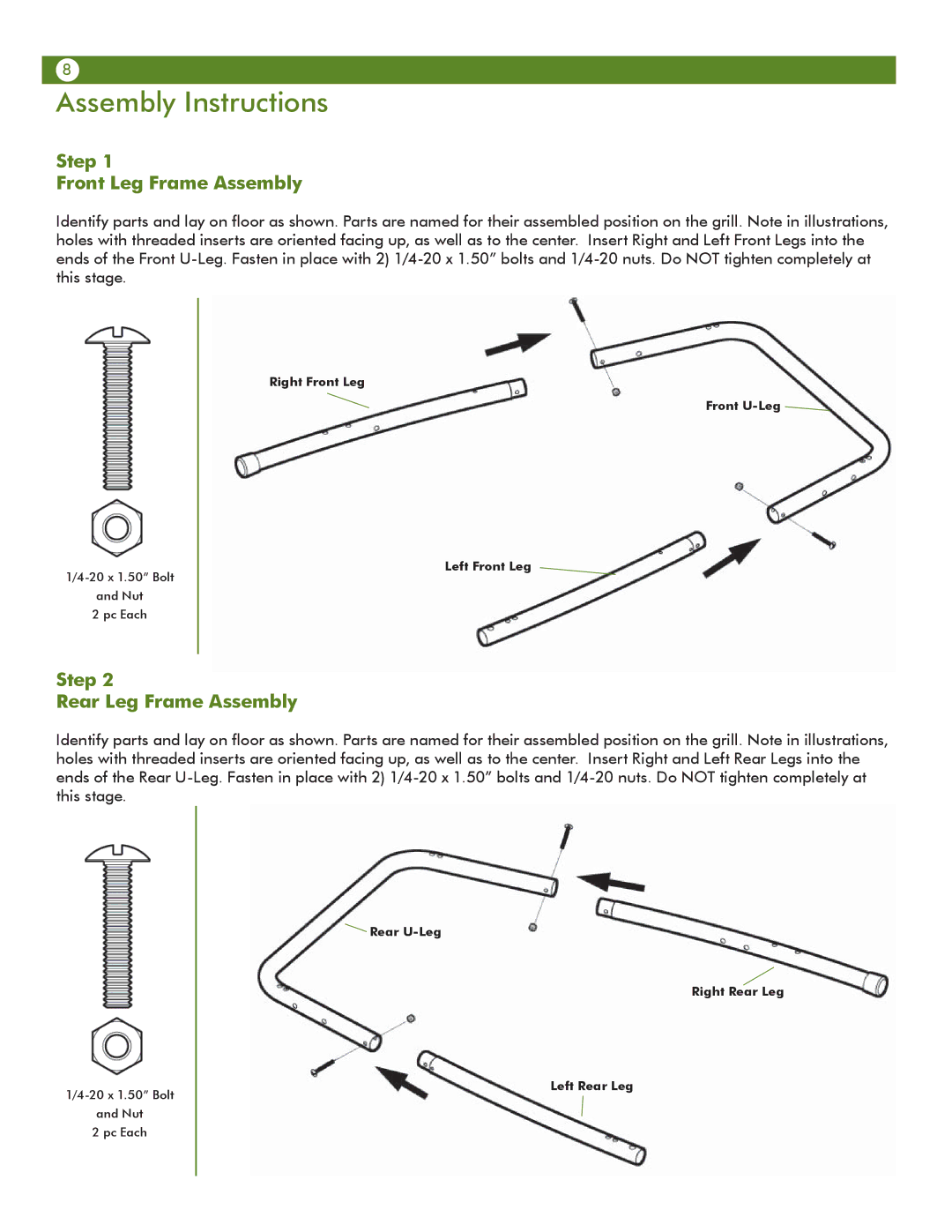 Meco 6623S8E641 manual Assembly Instructions, Step Front Leg Frame Assembly, Step Rear Leg Frame Assembly 