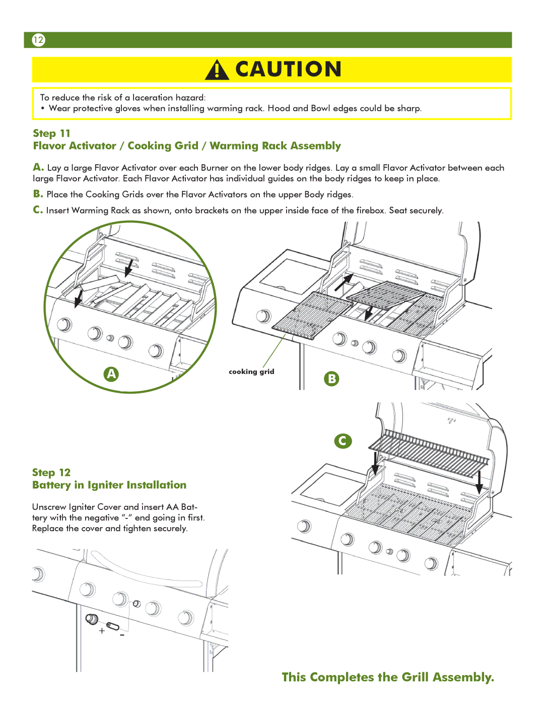 Meco 67A4T09K21 manual Step Flavor Activator / Cooking Grid / Warming Rack Assembly, Step Battery in Igniter Installation 