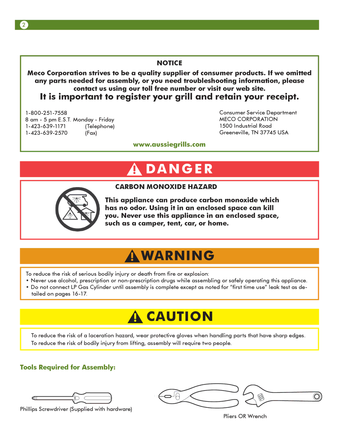 Meco 67A4T09K21 manual Carbon Monoxide Hazard, Tools Required for Assembly 