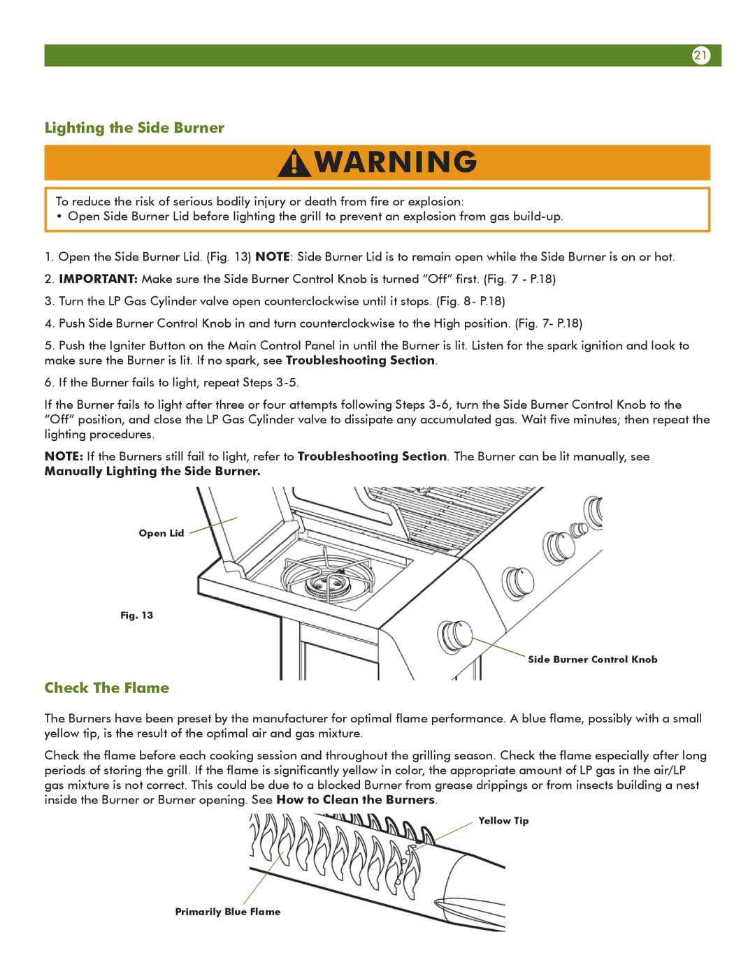 Meco 67A4T09K21 manual Check The Flame, Manually Lighting the Side Burner 