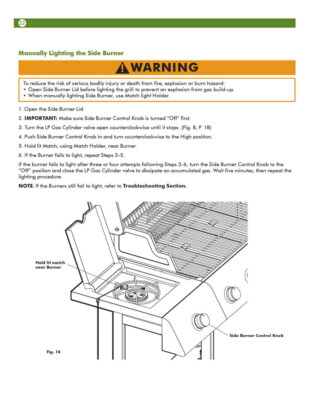 Meco 67A4T09K21 manual Manually Lighting the Side Burner 