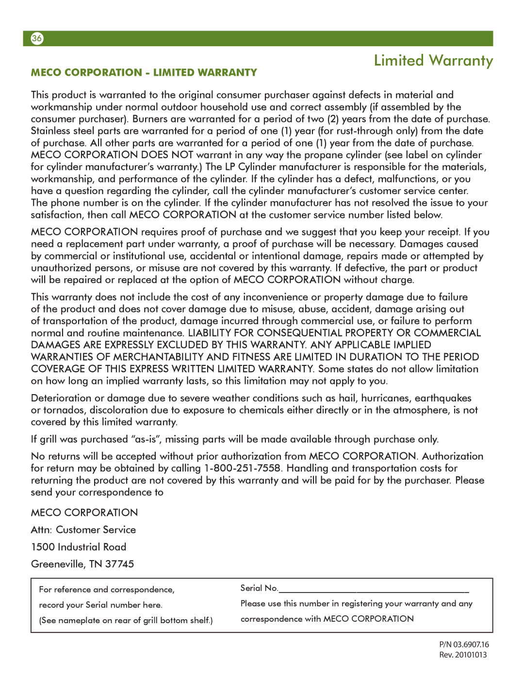 Meco 67A4T09K21 manual Meco Corporation Limited Warranty 