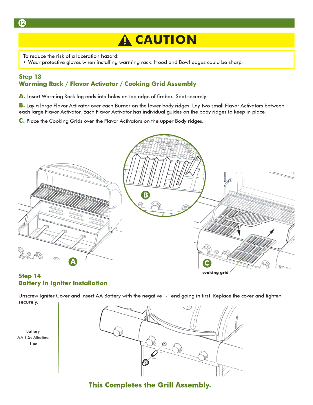 Meco 67c3c8kk81 manual Step Warming Rack / Flavor Activator / Cooking Grid Assembly, Step Battery in Igniter Installation 