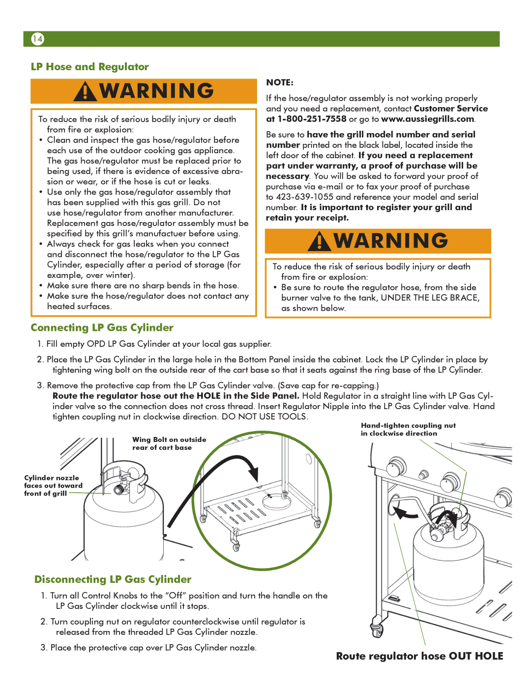 Meco 67c3c8kk81 manual LP Hose and Regulator, Connecting LP Gas Cylinder, Disconnecting LP Gas Cylinder 