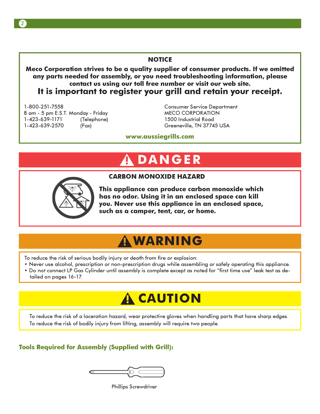 Meco 67c3c8kk81 manual Carbon Monoxide Hazard, Tools Required for Assembly Supplied with Grill 