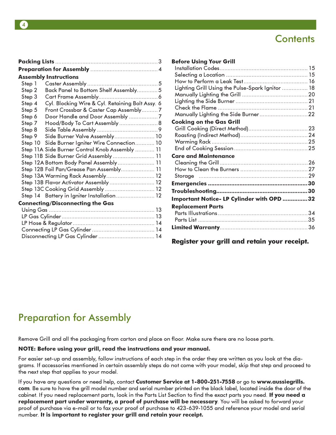 Meco 67c3c8kk81 manual Contents, Preparation for Assembly 