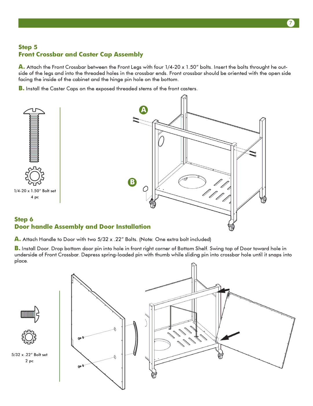 Meco 67c3c8kk81 manual Step Front Crossbar and Caster Cap Assembly, Step Door handle Assembly and Door Installation 