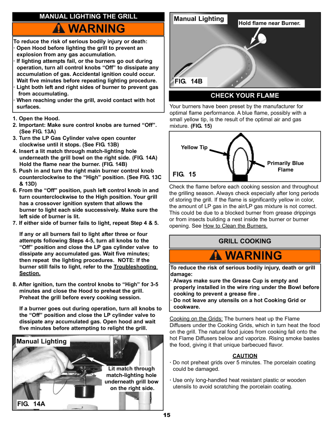 Meco 7110.7.641 manual Manual Lighting the Grill, Check Your Flame, Grill Cooking 