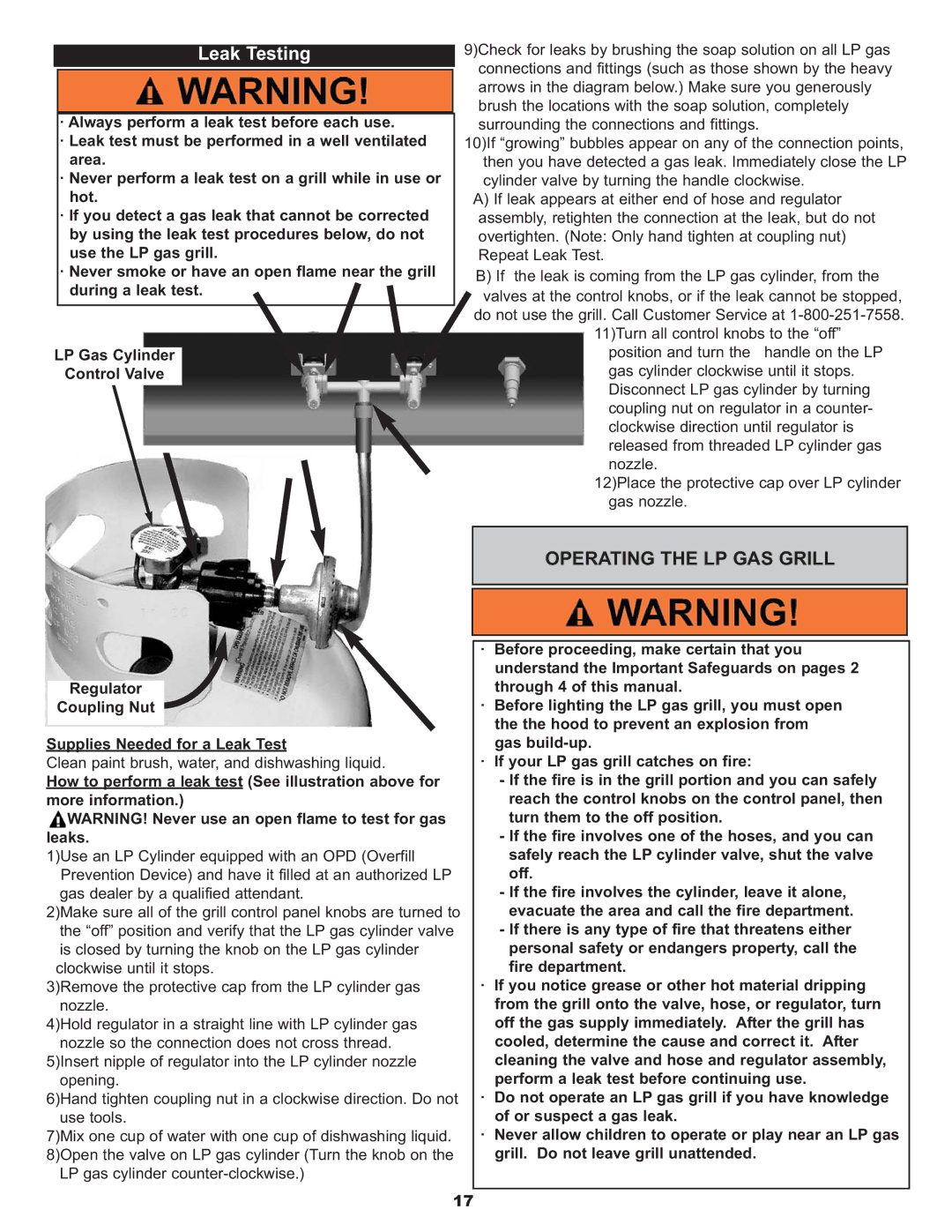 Meco 7710S8.641, 7710.8.641 manual Leak Testing, Operating the LP GAS Grill 