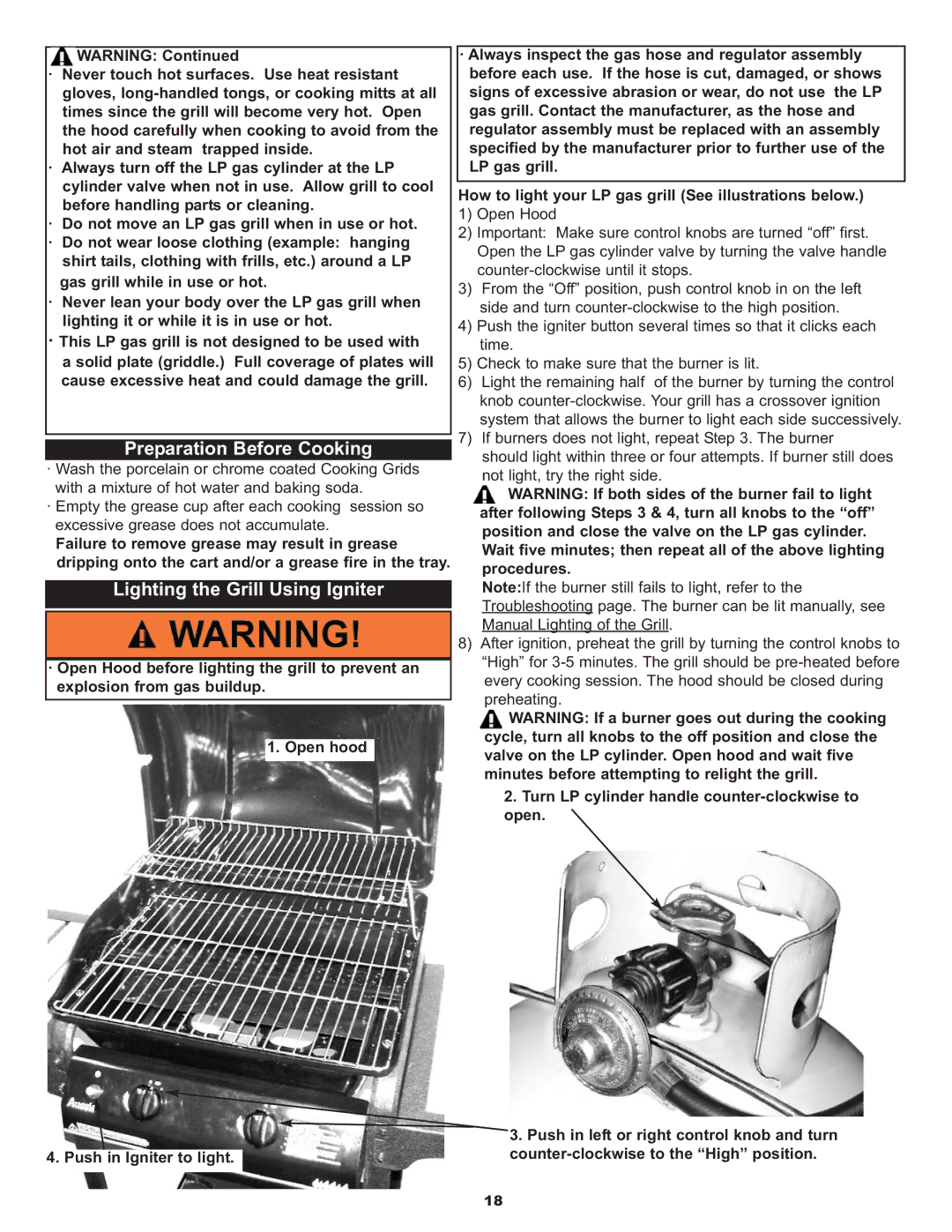 Meco 7710.8.641, 7710S8.641 manual Preparation Before Cooking, Lighting the Grill Using Igniter 