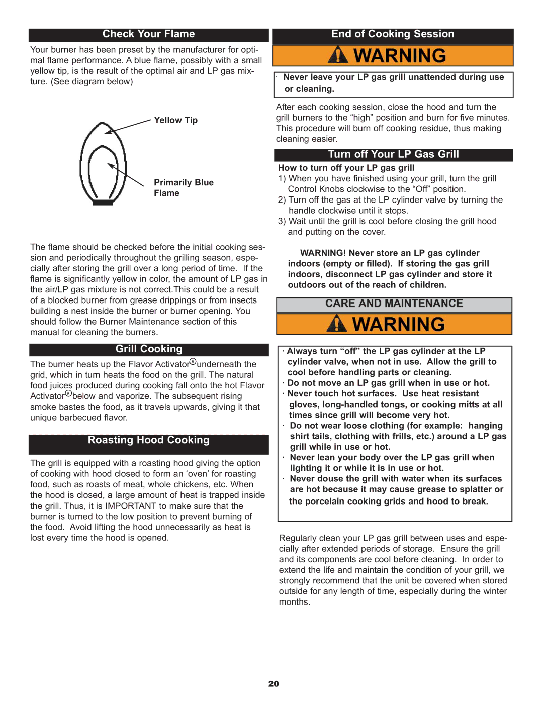 Meco 7710.8.641 Check Your Flame End of Cooking Session, Turn off Your LP Gas Grill, Care and Maintenance, Grill Cooking 