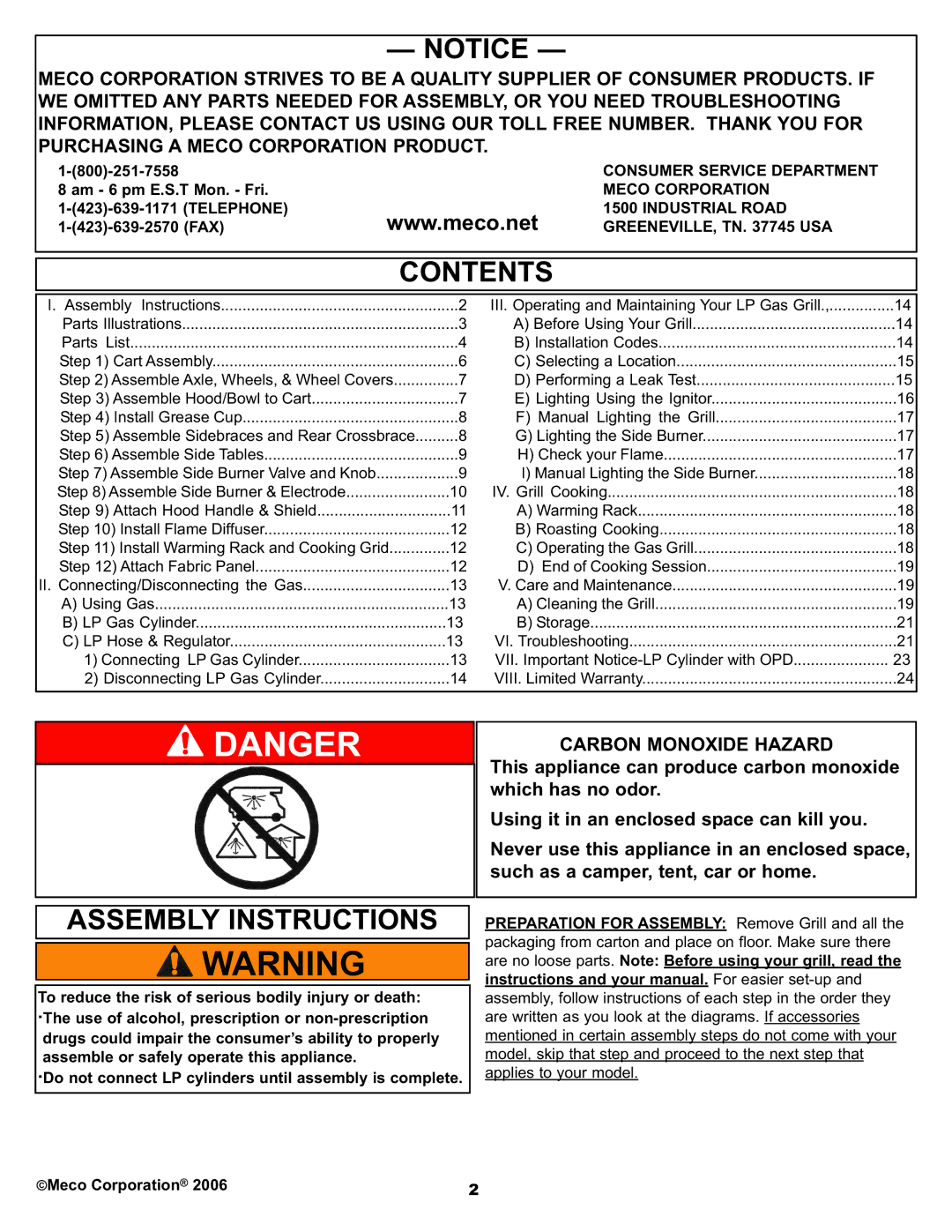 Meco 7900 manual Contents, Assembly Instructions 