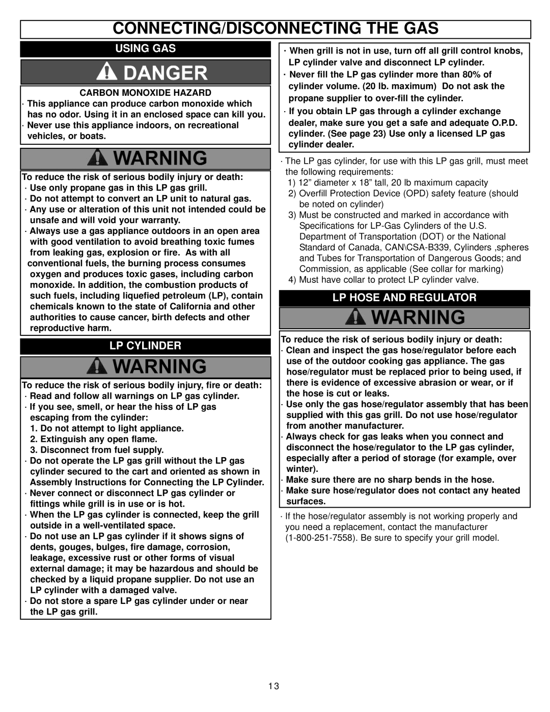 Meco 8452-5-SS1 manual CONNECTING/DISCONNECTING the GAS, Using GAS, LP Cylinder, LP Hose and Regulator 