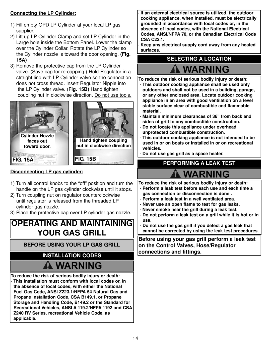 Meco 8452-5-SS1 Operating and Maintaining Your GAS Grill, Selecting a Location, Performing a Leak Test, Installation Codes 