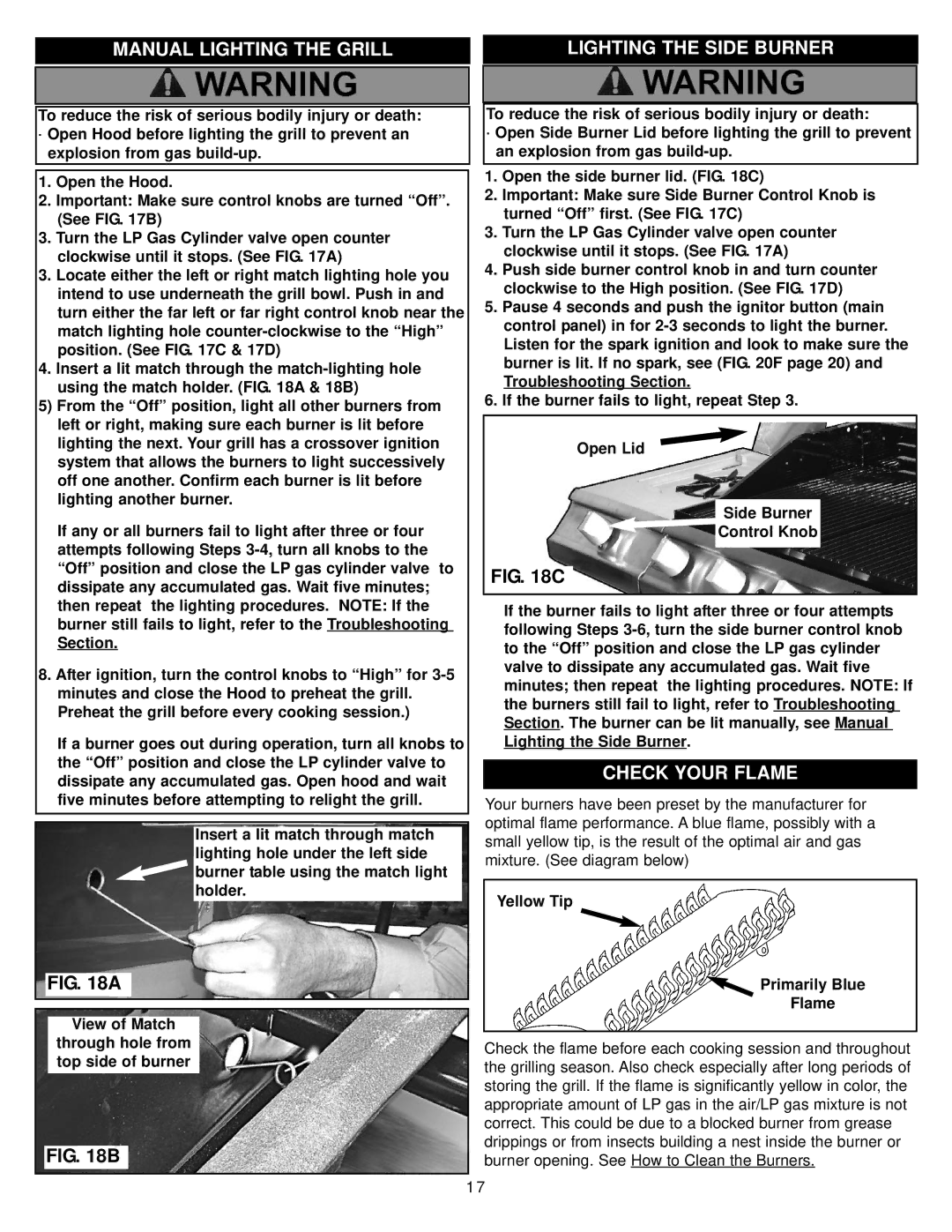 Meco 8452-5-SS1 Manual Lighting the Grill Lighting the Side Burner, Check Your Flame, Yellow Tip Primarily Blue Flame 