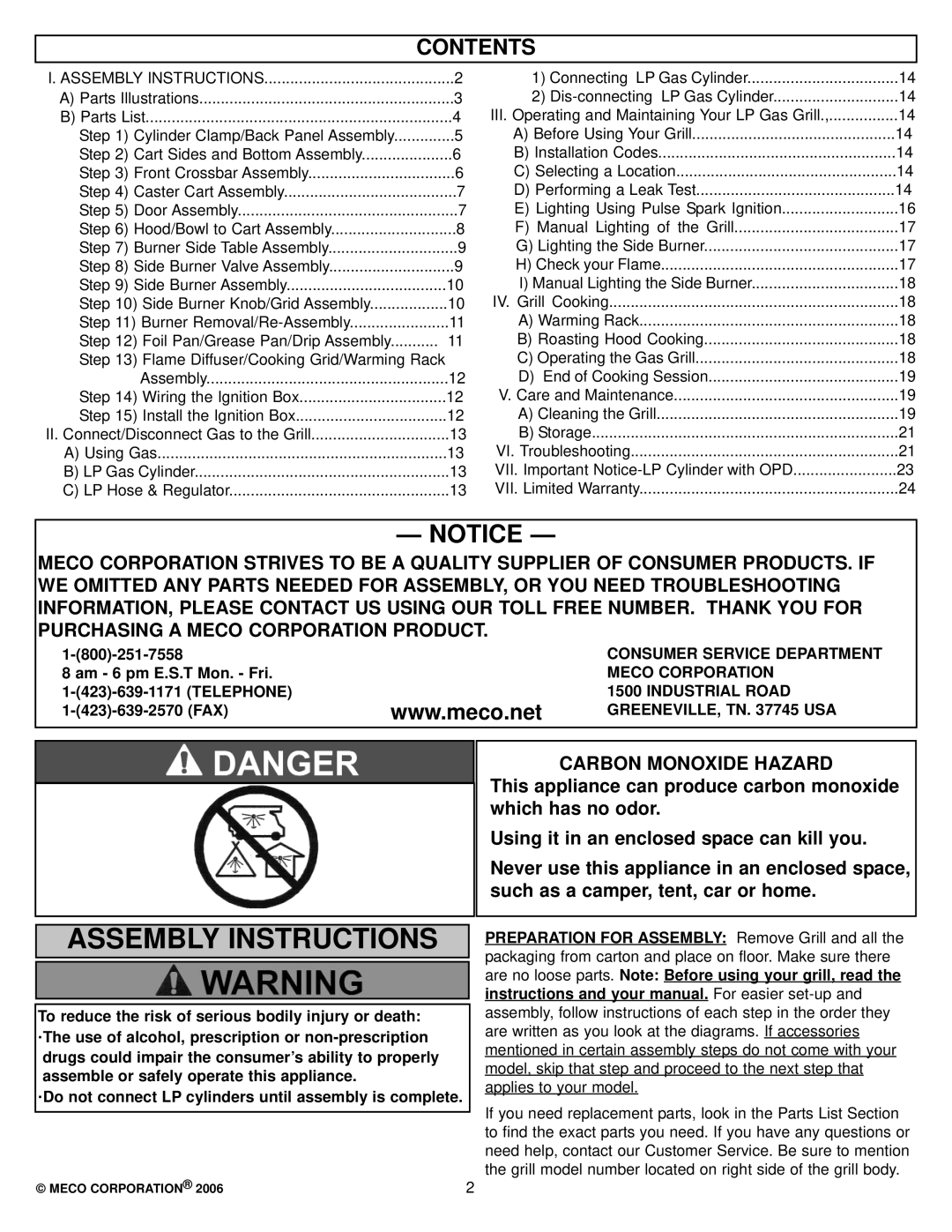 Meco 8452-5-SS1 manual Assembly Instructions, Contents 