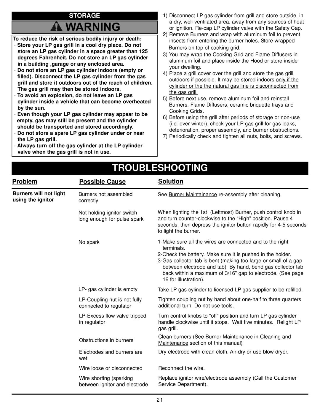 Meco 8452-5-SS1 manual Storage, Problem Possible Cause Solution, Burners will not light using the ignitor 