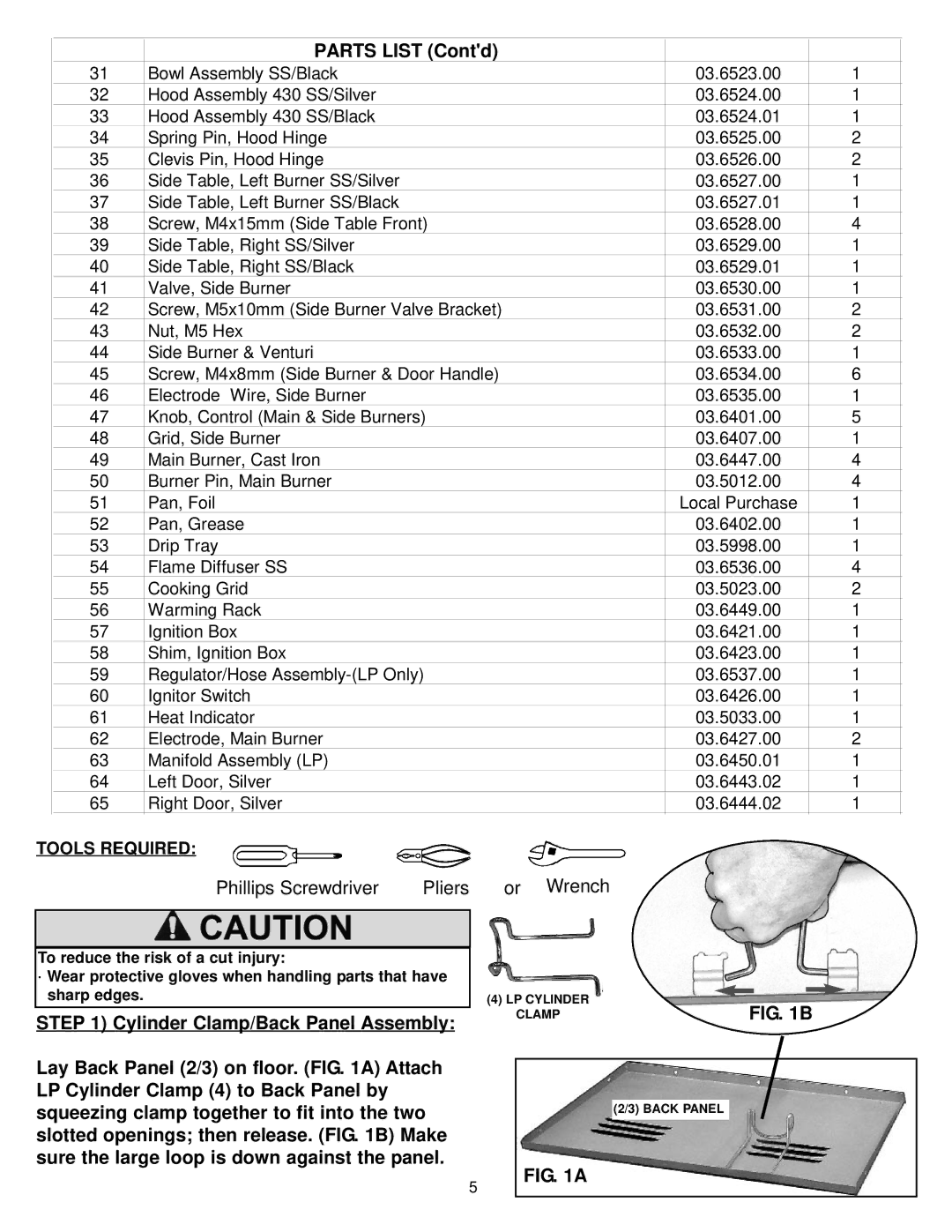 Meco 8452-5-SS1 manual Parts List Contd, Phillips Screwdriver Pliers Or Wrench 