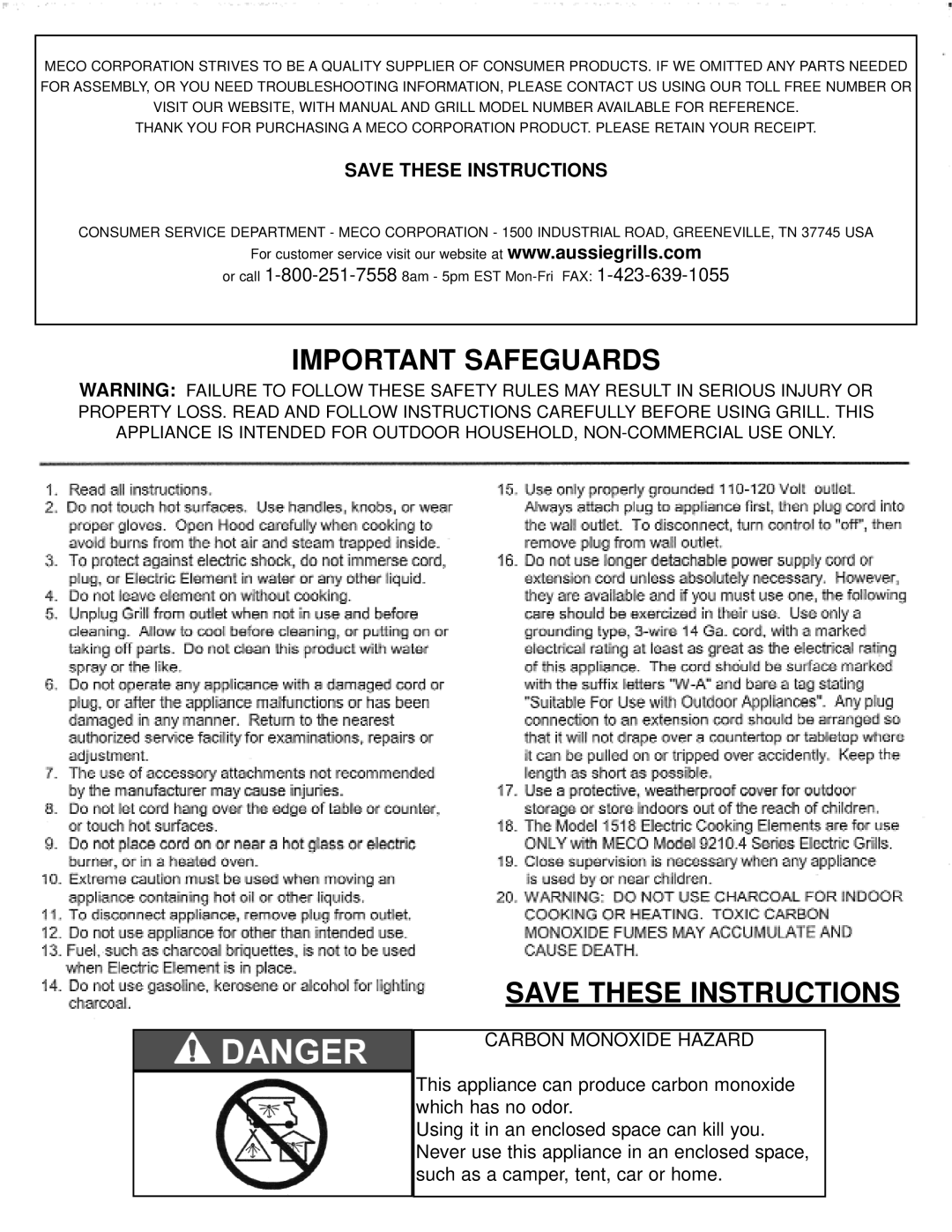 Meco 9210.4 owner manual Important Safeguards 