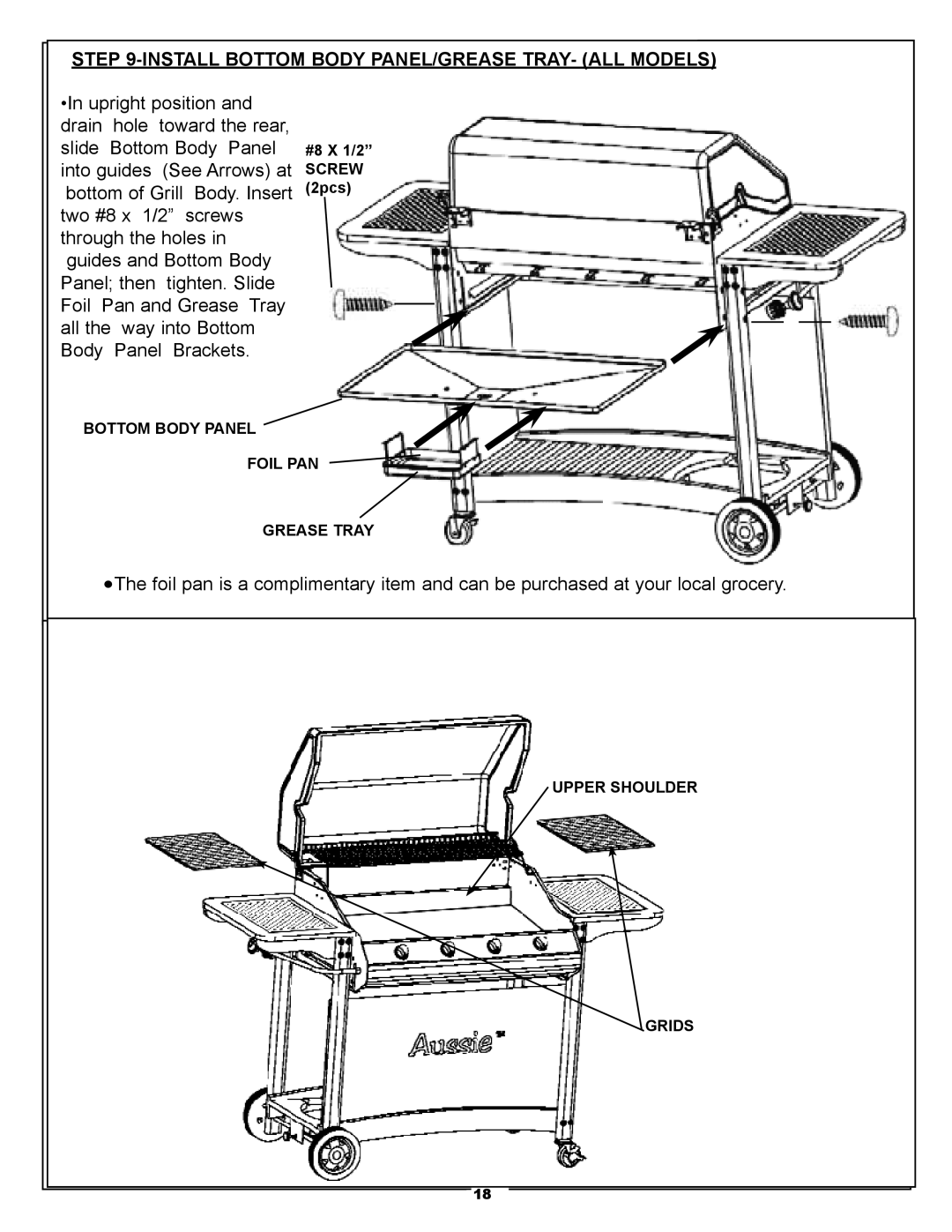 Meco Bonza Series, Bonza Deluxe Series manual Install Bottom Body PANEL/GREASE TRAY- ALL Models, #8 X 1/2 Screw 2pcs 