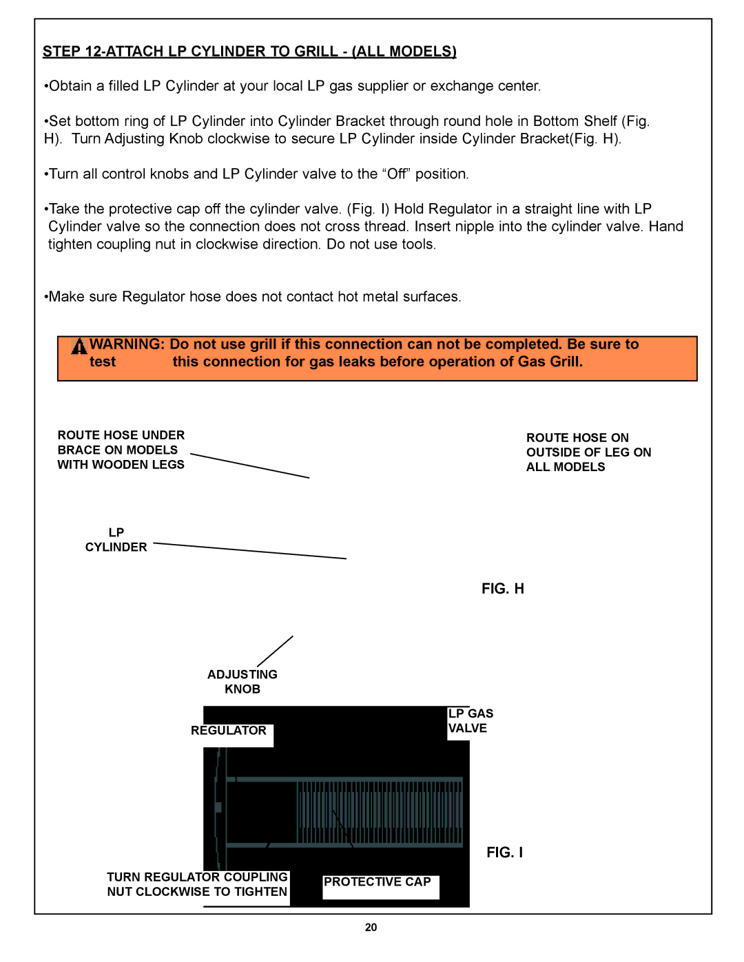 Meco Bonza Series, Bonza Deluxe Series manual Attach LP Cylinder to Grill ALL Models, Fig. H 