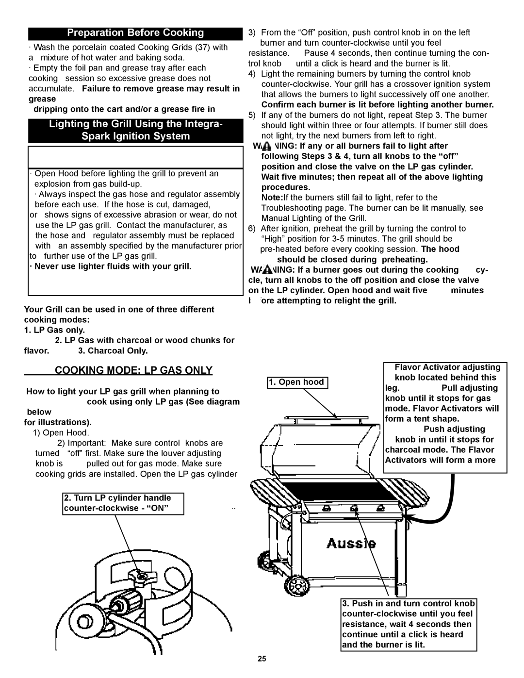 Meco Bonza Deluxe Series manual Preparation Before Cooking, Lighting the Grill Using the Integra Spark Ignition System 