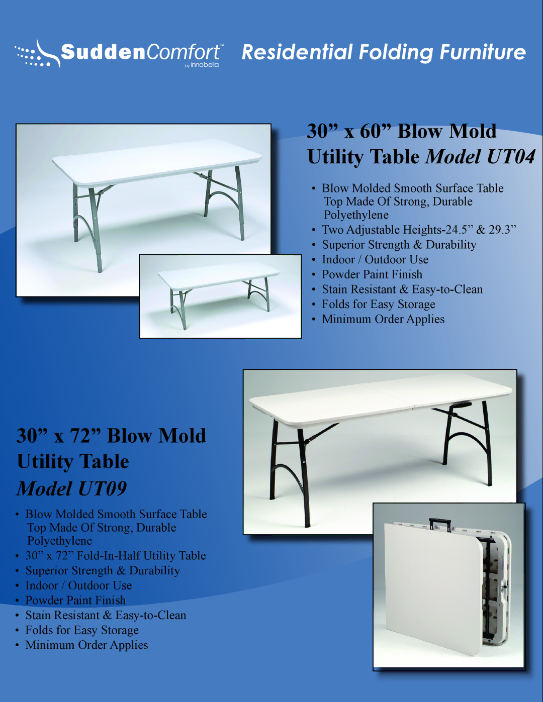 Meco E48 manual 30 x 60 Blow Mold Utility Table Model UT04, 30 x 72 Blow Mold Utility Table, Model UT09 