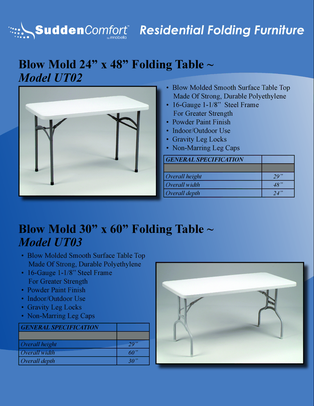 Meco E48 manual Blow Mold 24 x 48 Folding Table ~, Model UT02, Blow Mold 30 x 60 Folding Table ~, Model UT03 