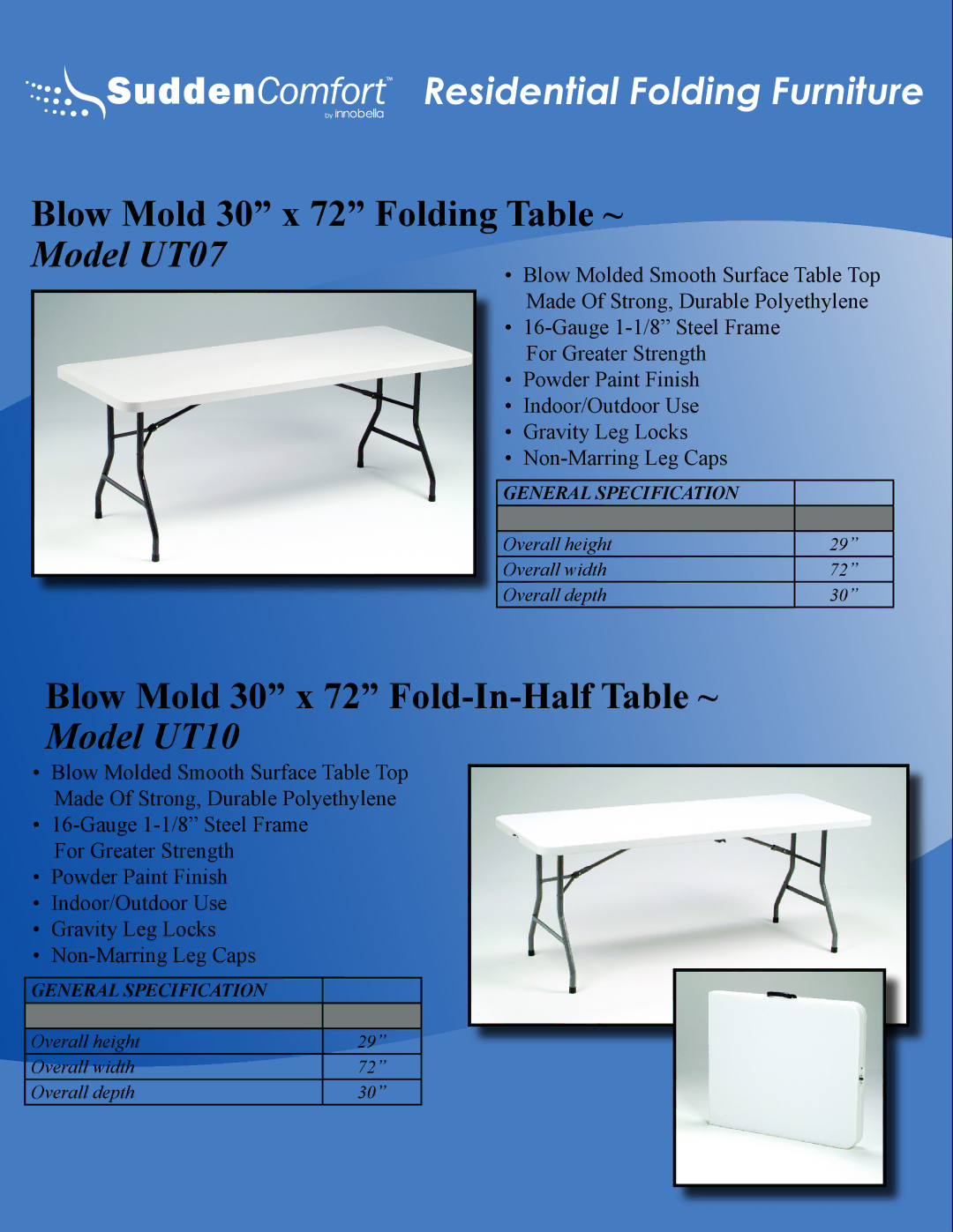 Meco E48 manual Blow Mold 30 x 72 Folding Table ~, Model UT07, Blow Mold 30 x 72 Fold-In-Half Table ~, Model UT10 