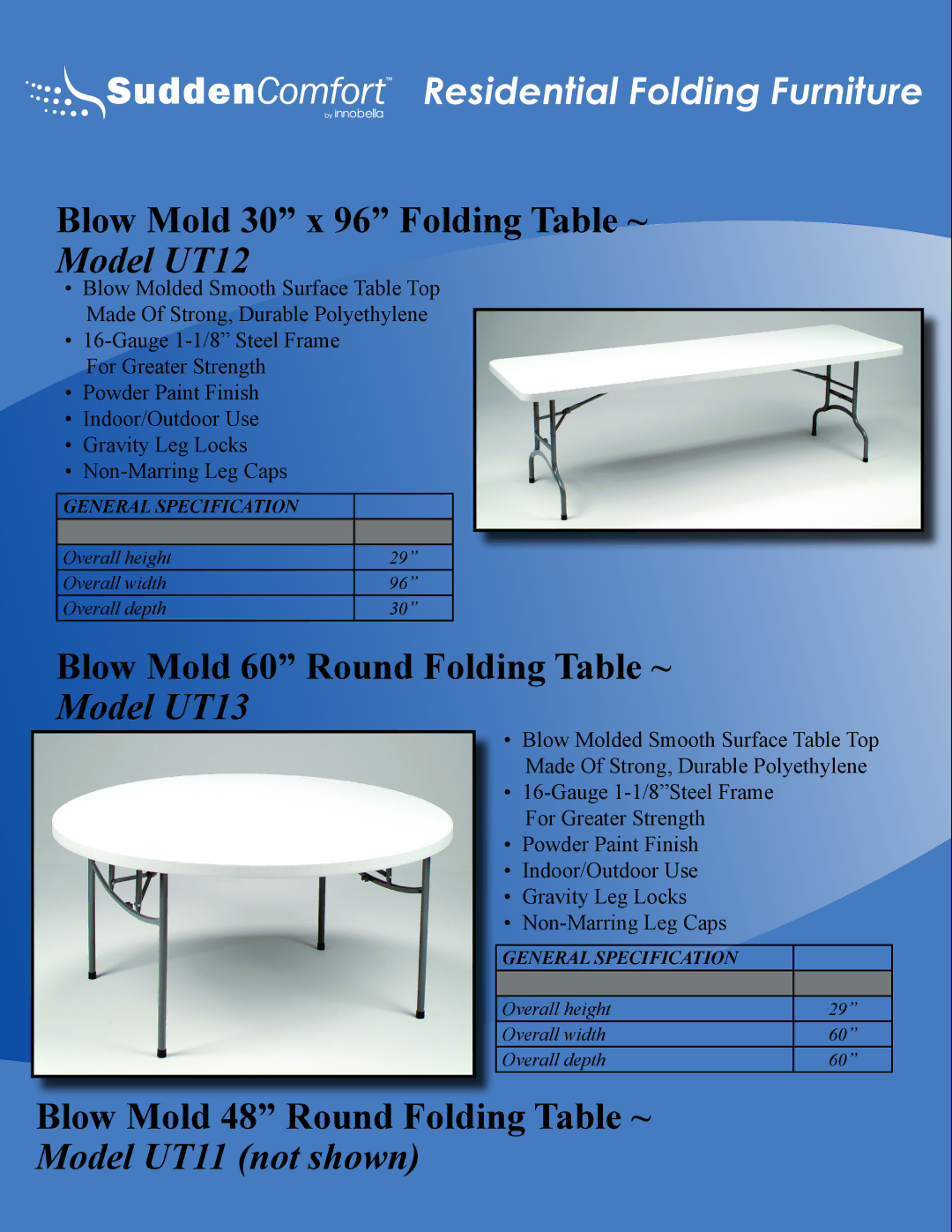 Meco E48 manual Blow Mold 30 x 96 Folding Table ~, Model UT12, Blow Mold 60 Round Folding Table ~, Model UT13 