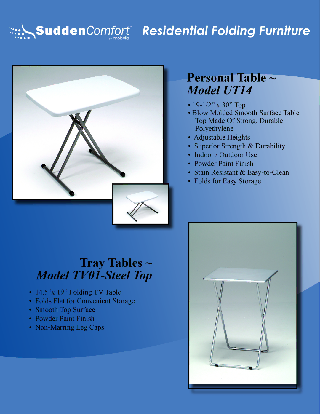 Meco E48 manual Personal Table ~, Model UT14, Tray Tables ~, Model TV01-Steel Top 