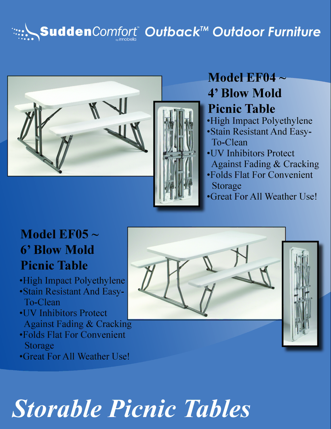 Meco E48 manual Model EF04 ~ ’ Blow Mold Picnic Table, Model EF05 ~ ’ Blow Mold Picnic Table 