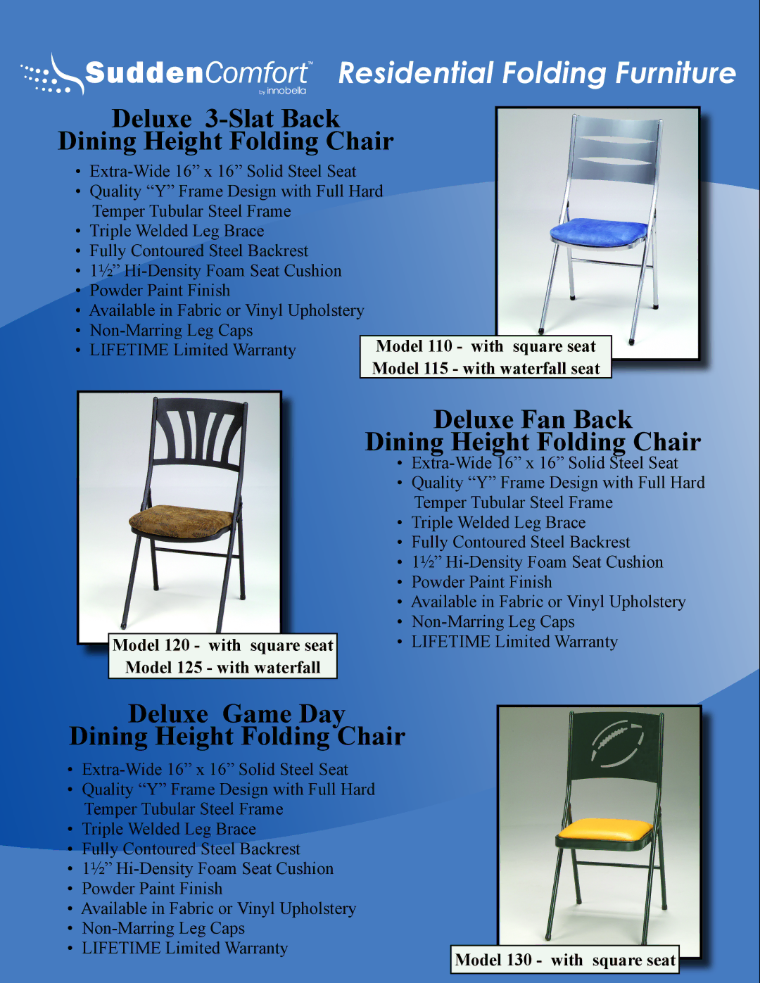 Meco E48 manual Deluxe 3-Slat Back Dining Height Folding Chair 